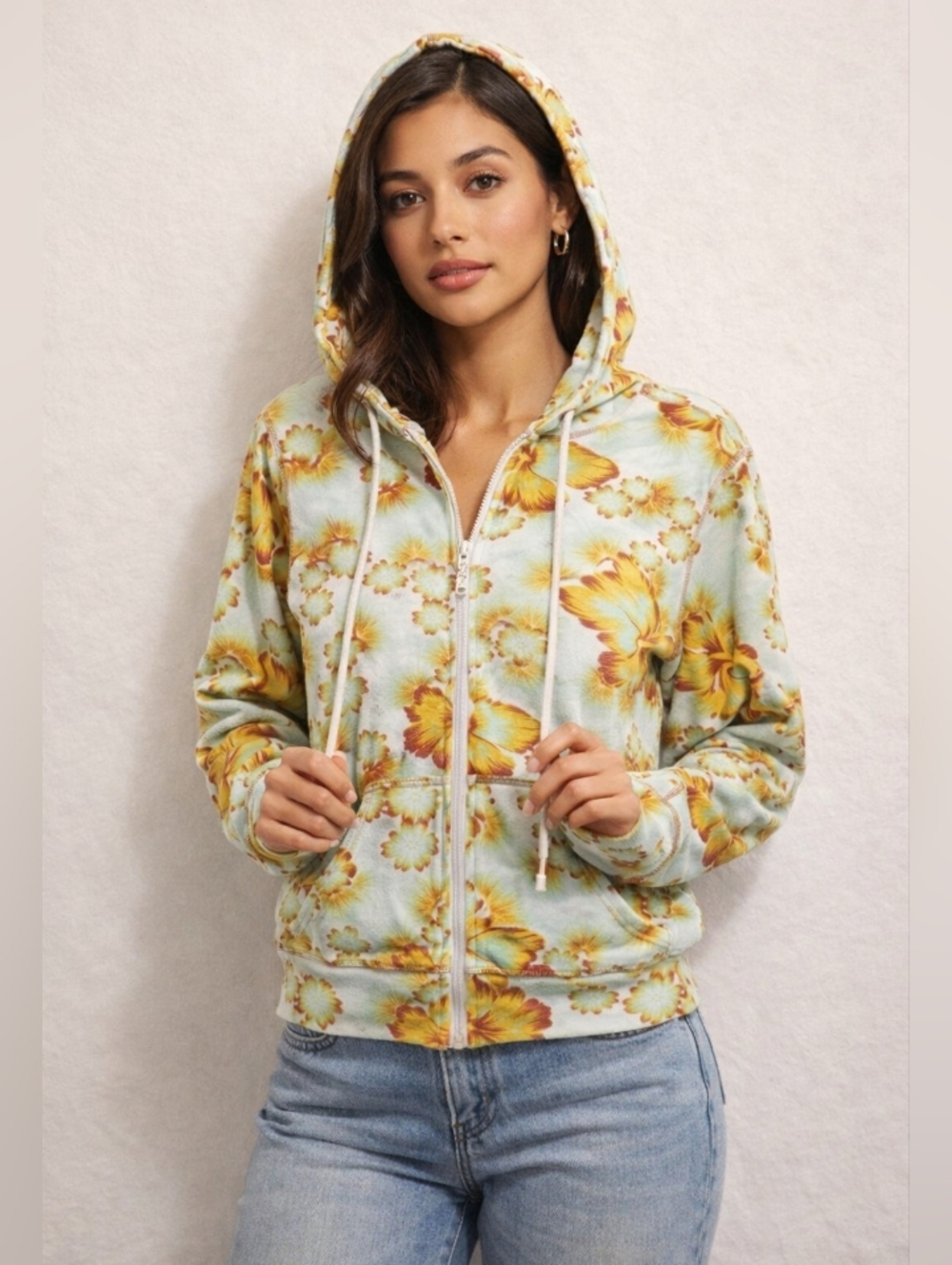 Vintage Girl Med Hoodie Full Zip Blue Yellow Floral Oversized Retro Preppy Boho